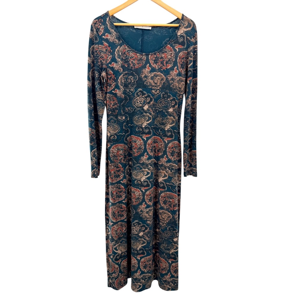 Peruvian Connection Ming Teal Dragon Cloud Print Cotton Lycra Midi Dress M - Picture 2 of 6